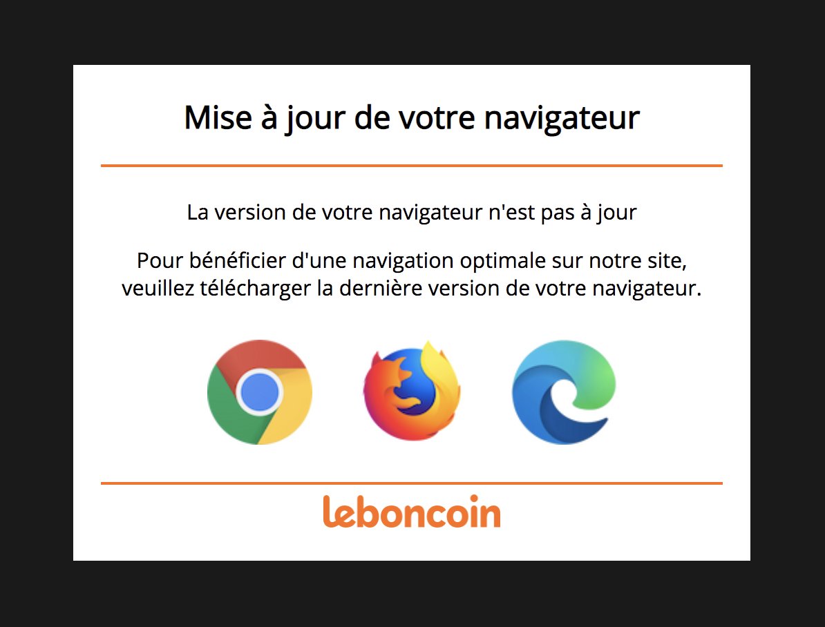 MichyClement's tweet photo. Bug pour se rendre sur @leboncoin ! Chrome à jour de mon côté et toujours le message de mise à jour... https://t.co/Z4Vl0Wzouz