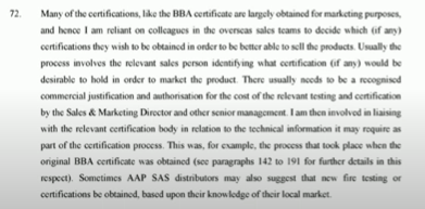 We saw a clip from the witness statement of another Arconic witness Claude Wehrle, which said the certificate was obtained "largely" for marketing purposes "to be better able to sell the products"