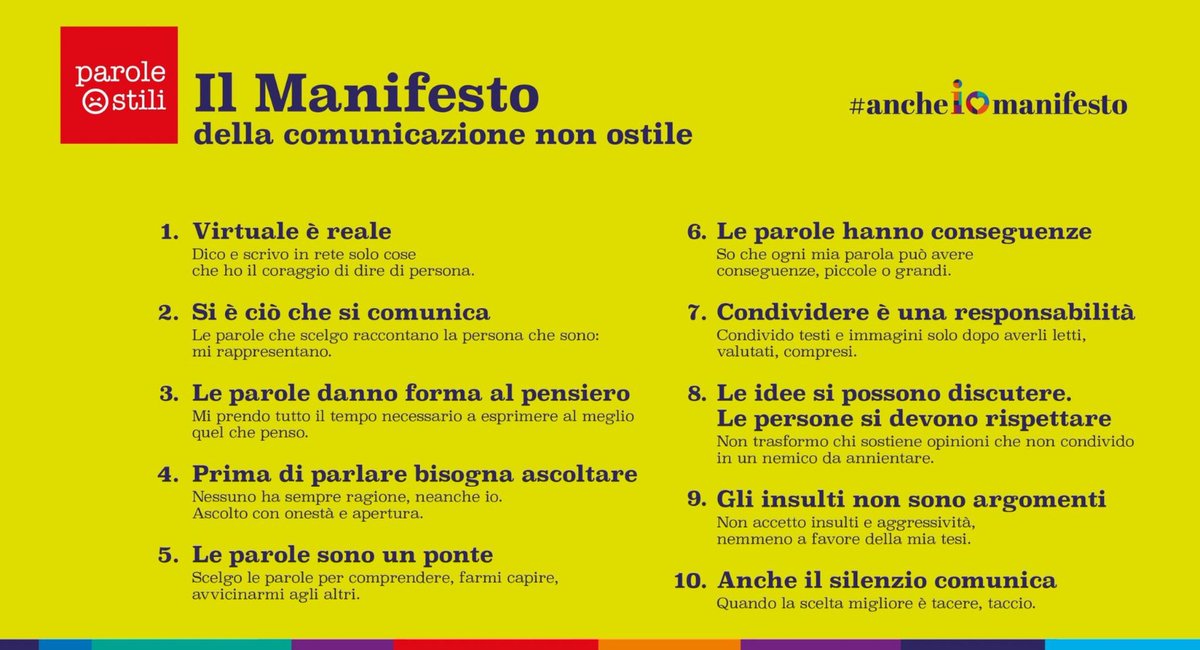 Oggi, nell'ambito delle attività sull'Educazione Civica, festeggiamo il quarto compleanno del “Manifesto della comunicazione non ostile” di <a href="/ParoleOstili/">Parole O_Stili</a> nato per promuovere una comunicazione costruttiva e rispettosa. 

#AncheIoManifesto

Scoprite di più ▶️paroleostili.it/manifesto/