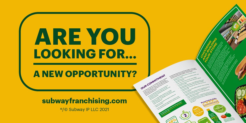 Are you looking for a new opportunity in 2021?

We have franchise opportunities for new and existing stores throughout the UK and Ireland.

Make 2021 your year and request a brochure today: bit.ly/Requestabrochu…

#Subway #Franchising #BeYourOwnBoss #NewCareer