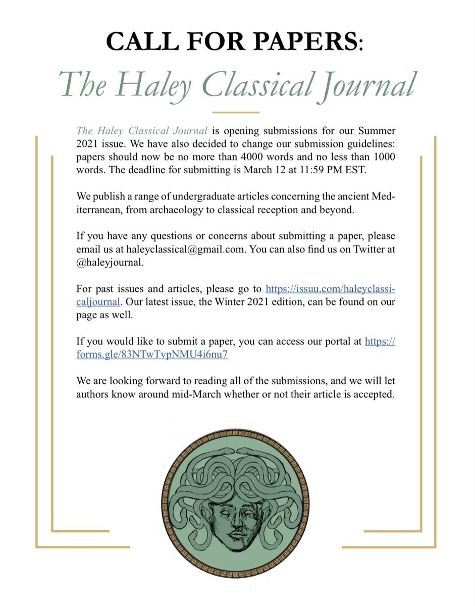 HaleyJournal's tweet image. It’s that time again — The Haley Classical Journal is now accepting submissions for our Summer 2021 issue! Papers are due March 12 by 11:59 PM EST and can be submitted here:  forms.gle/37XNVDS3CfLZTN…