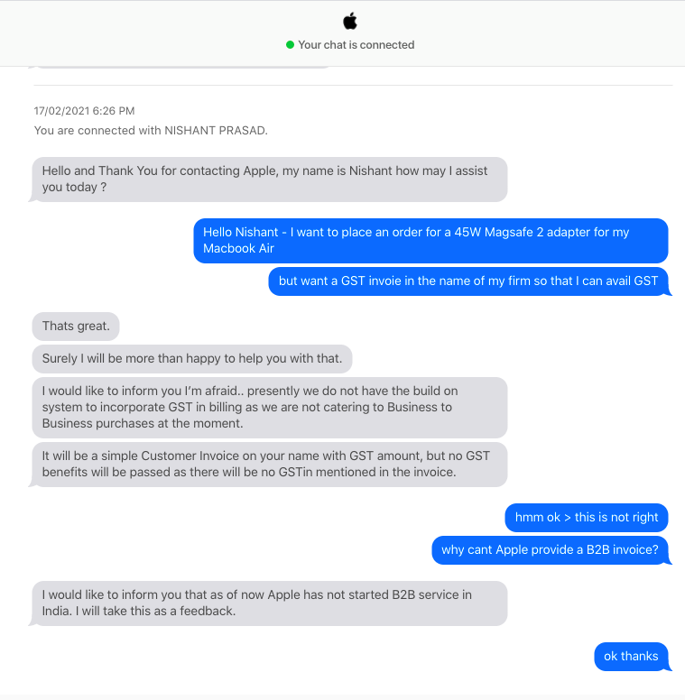 ToshPillai's tweet photo. Interesting to note that @Apple India is unable to incorporate GST # on invoice as they are not catering to B2B purchases. @Apple pull up your socks you are ensuring you lose market share dont you wanna do business and only concentrate on sales https://t.co/JQgZZ3OG10