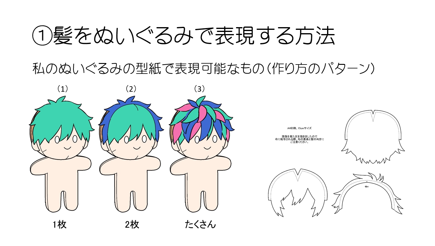 まろまゆ ぬいぐるみの髪の表現の仕方に悩んでしまったらこちらを参考に型紙を作ってみてください あとキャラクターによって3パターンのどれが合うのかは 既製品のぬいぐるみを参考にするようにお願いいたします ともぬいがオススメ T Co