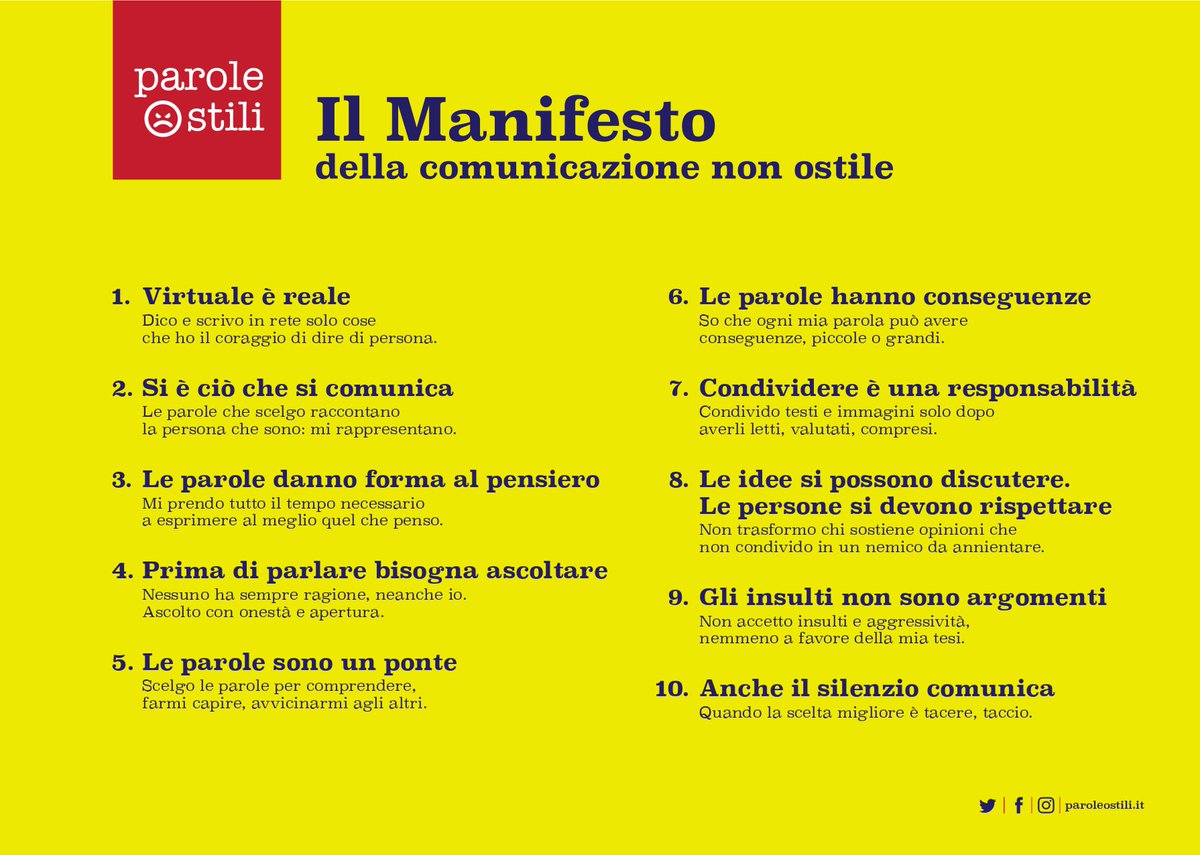 lucarallo's tweet photo. Conosci il Manifesto della comunicazione non ostile? È una carta con 10 princìpi utili a migliorare lo stile e il comportamento di chi vive in Rete, perché tutti dovremmo impegnarci per rendere il web un luogo più accogliente e sicuro.

#ancheioManifesto https://t.co/xojMGopkh3 https://t.co/AlfirY2XUj