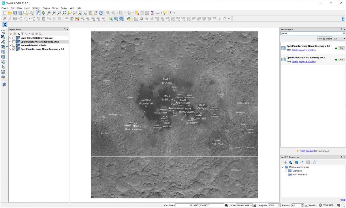 nextgis's tweet photo. Thanks to alessandro.frigeri NextGIS #QuickMapServices lands on a Moon and Mars. Or Moon and Mars land in QMS...Well doesn't matter, use it in QGIS🤔 https://t.co/IUbSS5rVQx https://t.co/M45jG7XrzZ