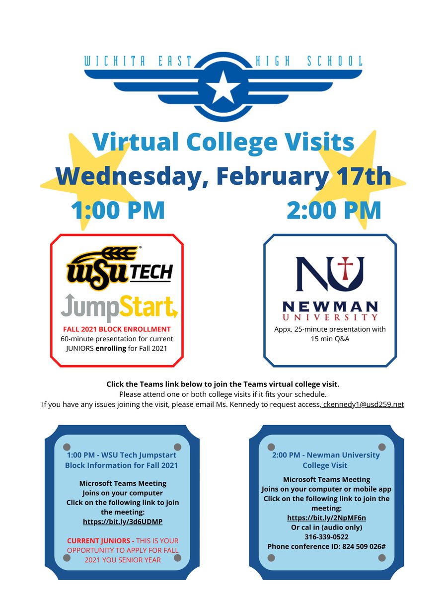 ccc_east's tweet photo. Wednesday's are College Visit Days at East! Juniors, if you are interested in WSU Tech Block your Senior year, do not miss today at 1:00! #weflytogether @eastblueaces https://t.co/K9jyTCK303