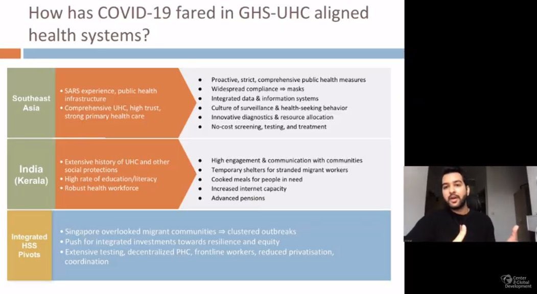 Really enjoyed presenting our research on misalignment between GHS & UHC investments with #CGDTalks.

Integrated GHS+UHC systems w/ strong public health measures & safety nets ➡️ innovative, proactive COVID-19 response with widespread support.

Equity & resilience still key gaps.