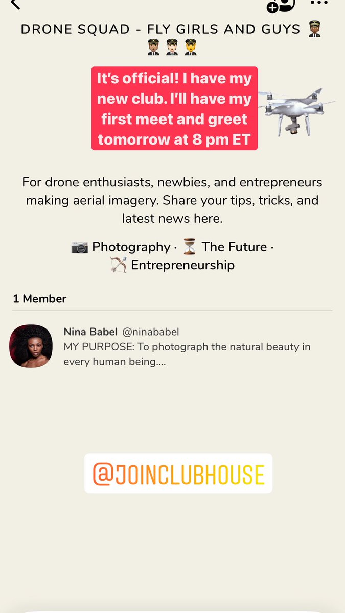 ninababel's tweet photo. Excited to have my first official room. If you’re a drone(r) or getting ready to write exam l, join me @joinClubhouse tomorrow evening for a meet and greet. #dronephotography #dronepilot #drones https://t.co/VpIpBgTR3W