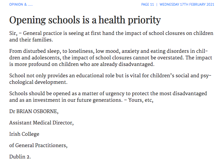 ICGPnews's tweet photo. Letter in today's @IrishTimes from our Assistant Medical Director Dr Brian Osborne about the urgent need to re-open schools. GPs seeing detrimental impact at first hand. https://t.co/lEvvgdSwr4