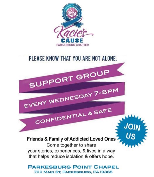 You are not alone.

Every Wednesday from 7-8PM, Kacie's Cause welcomes friends and family of addicted love ones to come together in the POINT Chapel to help reduce isolation and offer hope.