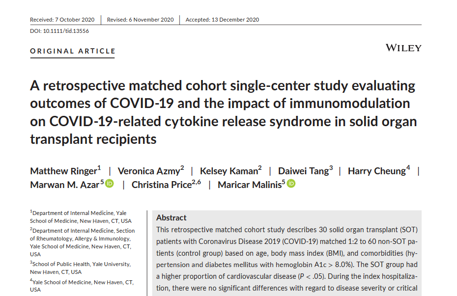 Yale Internal Medicine (@yaleimed) on Twitter photo Mortality rates of COVID-19 solid-organ transplant recipients were comparable to non-transplant recipients, new <a href="/YaleMed/">Yale School of Medicine</a> study finds.
#YaleInfectiousDiseases #MedTwitter
Check out the study here: onlinelibrary.wiley.com/doi/10.1111/ti… Mortality rates of COVID-19 solid-organ transplant recipients were comparable to non-transplant recipients, new <a href="/YaleMed/">Yale School of Medicine</a> study finds.
#YaleInfectiousDiseases #MedTwitter
Check out the study here: onlinelibrary.wiley.com/doi/10.1111/ti…