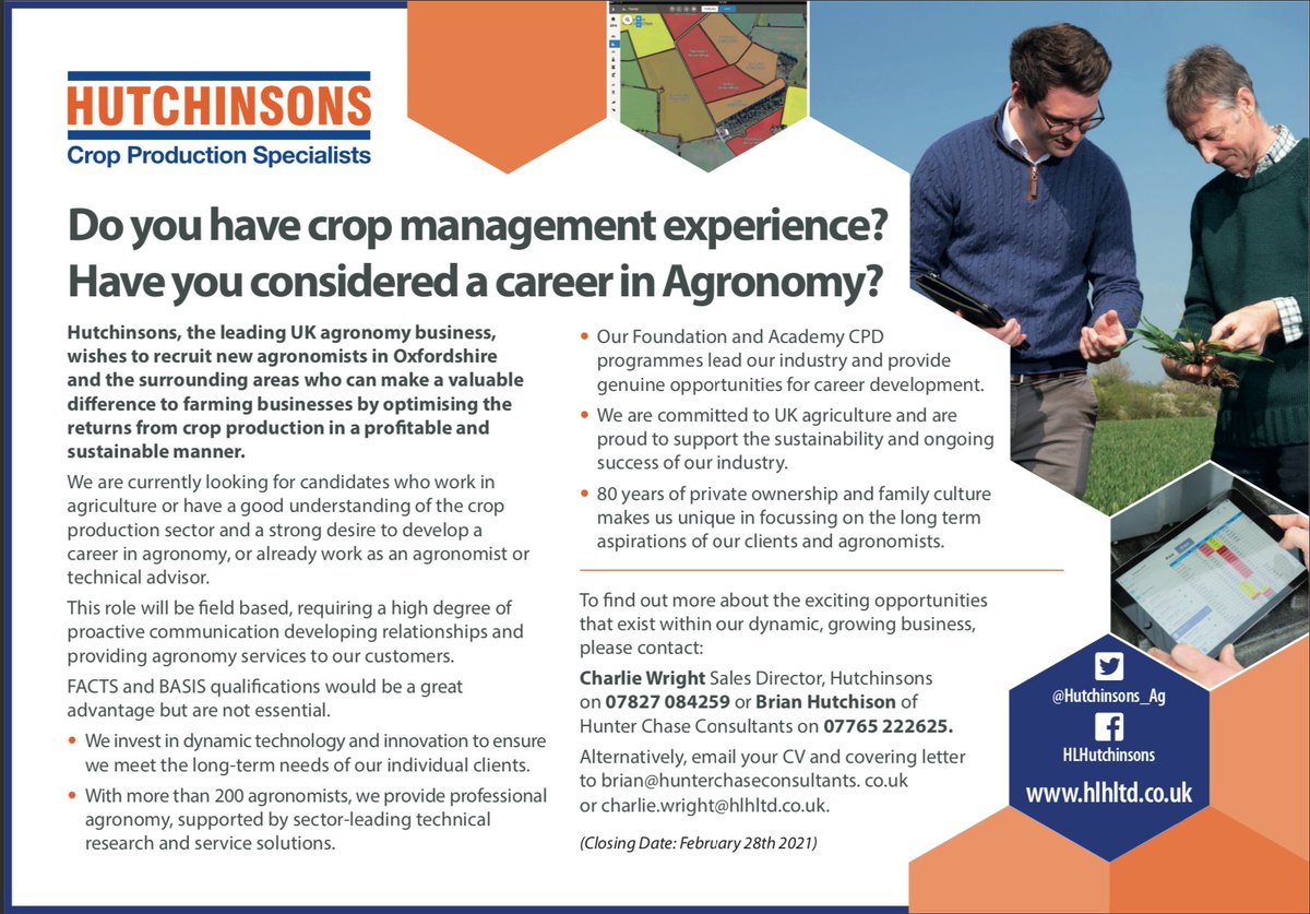 We are pleased to working in conjunction with Hutchinsons on these new agronomy opportunities in Oxfordshire and surrounding counties. If you would like a confidential discussion please contact Brian Hutchison on 07765222625 or email brian@hunterchaseconsultants.co.uk
