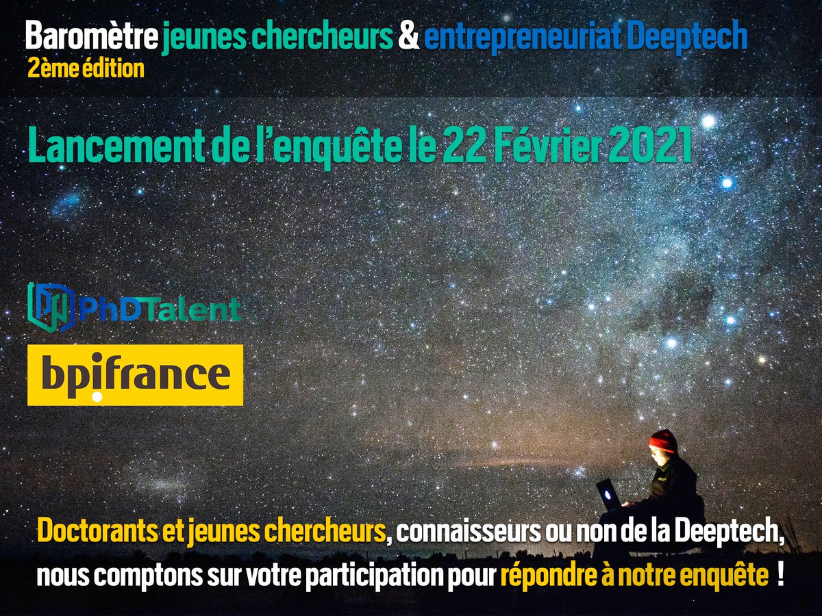 Après le succès de l’édition 2020, <a href="/Bpifrance/">Bpifrance</a> et <a href="/PhDTalent/">PhDTalent</a> remettent le couvert en lançant le «baromètre jeunes chercheurs et entrepreneuriat deeptech». Doctorants, docteurs, encadrants et directeurs de thèse, nous vous inviterons à y répondre dès le 22 février.
