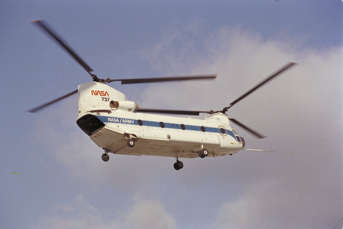 This CH-47B was part of NASA's Variable-Stability Research Rotor Craft project. It was equipped with a fly-by-wire control system in the right seat and three different flight computers.