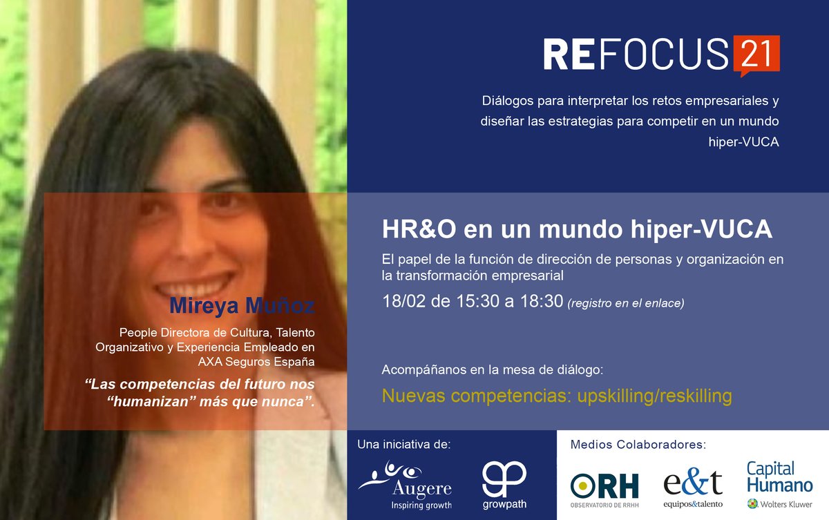 .<a href="/mireyamunozalo/">Mireya Muñoz Alonso</a>, People Directora de Cultura, Talento Organizativo y Experiencia Empleado en <a href="/AXASegurosEs/">AXA España</a>, será la tercera componente de la mesa Nuevas competencias upskilling/reskilling, deRE·FOCUS·21 

Más información bit.ly/3pdIWGr