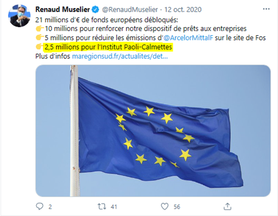 Octobre 2020 : Muselier accorde, discrètement, sans aucune justification*, 2,5 M€ à l'Institut Paoli Calmettes (IPC) de Marseille, la grosse usine privée marseillaise soignant le cancer.* le prétexte semblant être que l'IPC ait été impacté par...  https://twitter.com/RenaudMuselier/status/1315638183380561926?s=20