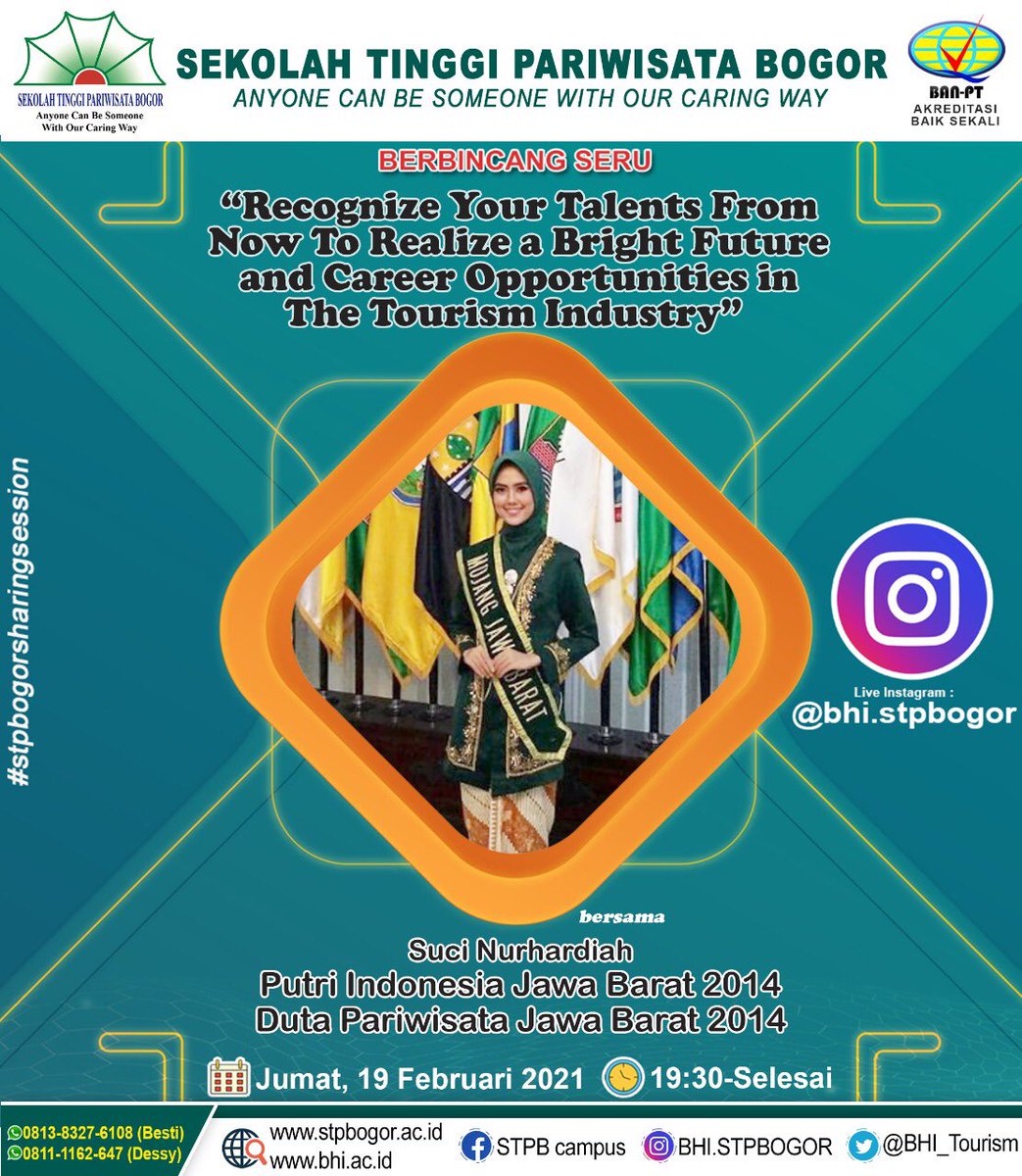 Sahabat Pariwisata Untuk kalian yang ingin malam sabtu bermanfaat dan ditemani dengan putri indonesia jawa barat 

Yuk Stay Tune di IG kami <a href="/bhi/">kobi</a>.stpbogor 

Jangan sampai terlewat ya!