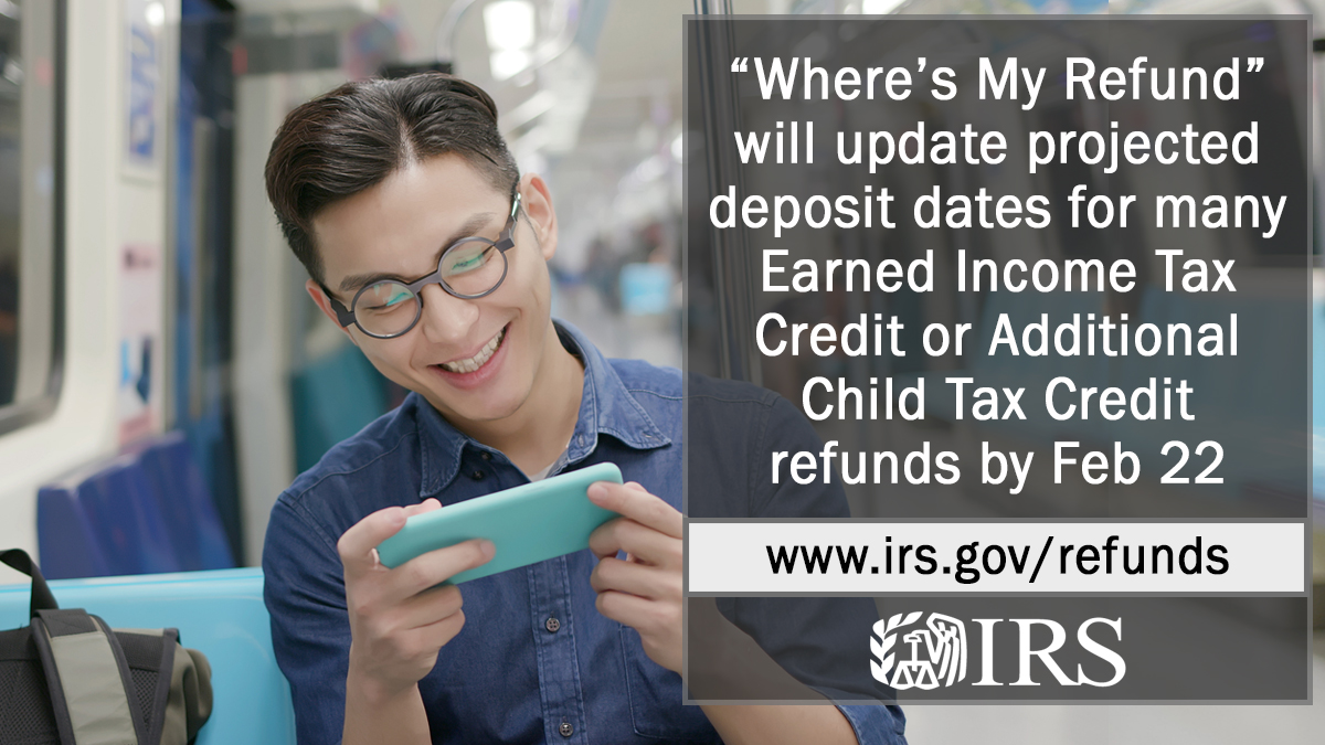 IRStaxpros's tweet photo. In 2021, the #IRS ‘Where’s My Refund” tool will be updated by Feb 22 with projected refund deposit dates for many taxpayers who’ve claimed the Earned Income Tax Credit or #EITC. https://t.co/hhJcYt1pOG https://t.co/Bwv6fKmQGT
