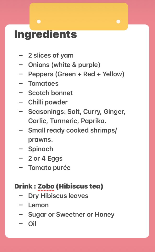 KnowledgePract's tweet image. Friday Nite in Menu...

Boiled Yam + filled Egg Frita + Sauce + Sorrel Drink.

Time to go shopping! 
If you have any questions about the ingredients or where to get them, please feel free to send a direct message.