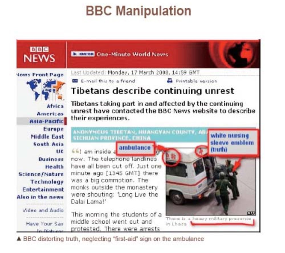 At the time, these foreign news sites and most foreign social media was not consistently or effectively blocked. Stories about "distortions" in reporting circulated quickly (these examples are collected in the official publication Materials on the March 14 Incident in Tibet.
