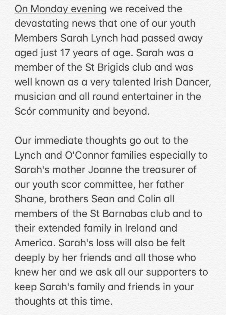 Our immediate thoughts and prayers go out to the Lynch and O’Connor Family, as well as the St Brigid’s club at this time 💙💛