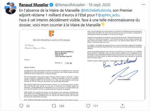Mais sans doute Rubirola et Payan lui ont-ils joué un joli tour en échangeant leurs positions à la tête de Marseille ; plus la situation sanitaire de Marseille qui se dégrade fortement, les relations se tendent fortement avec Payan : https://twitter.com/RenaudMuselier/status/1306995875978399746?s=20