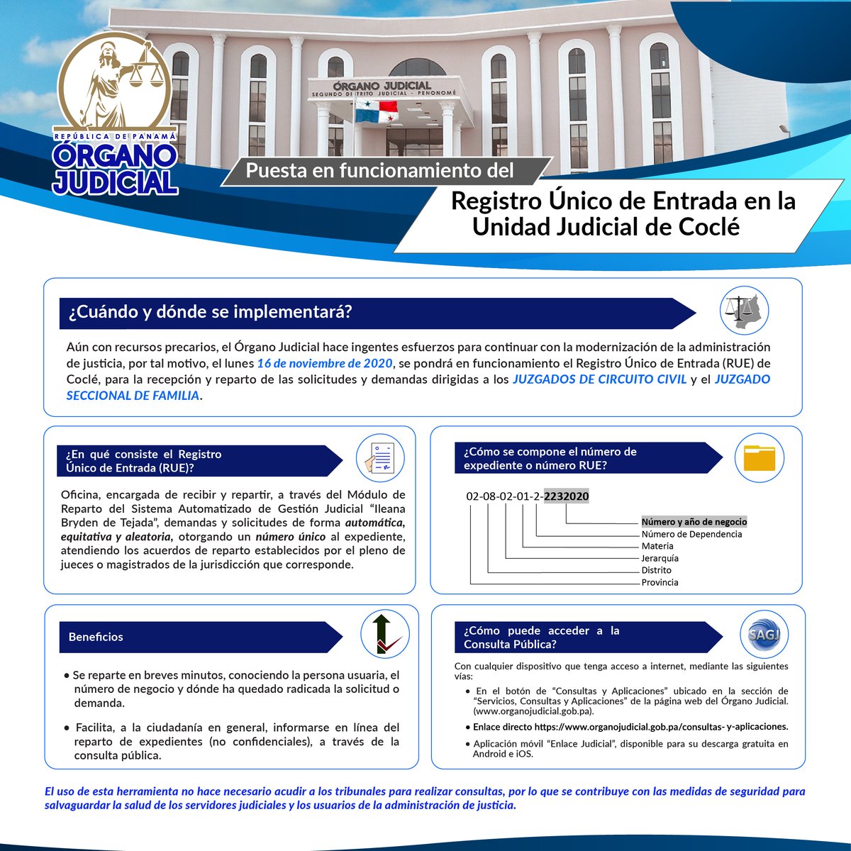 Recuerda que ya está en funcionamiento el Registro Único de Entrada (RUE), en la Unidad Judicial de Coclé, para la recepción y reparto de demandas dirigidas a los Juzgados de Circuito Civil y el Juzgado Seccional de Familia. #OJInforma ⚖