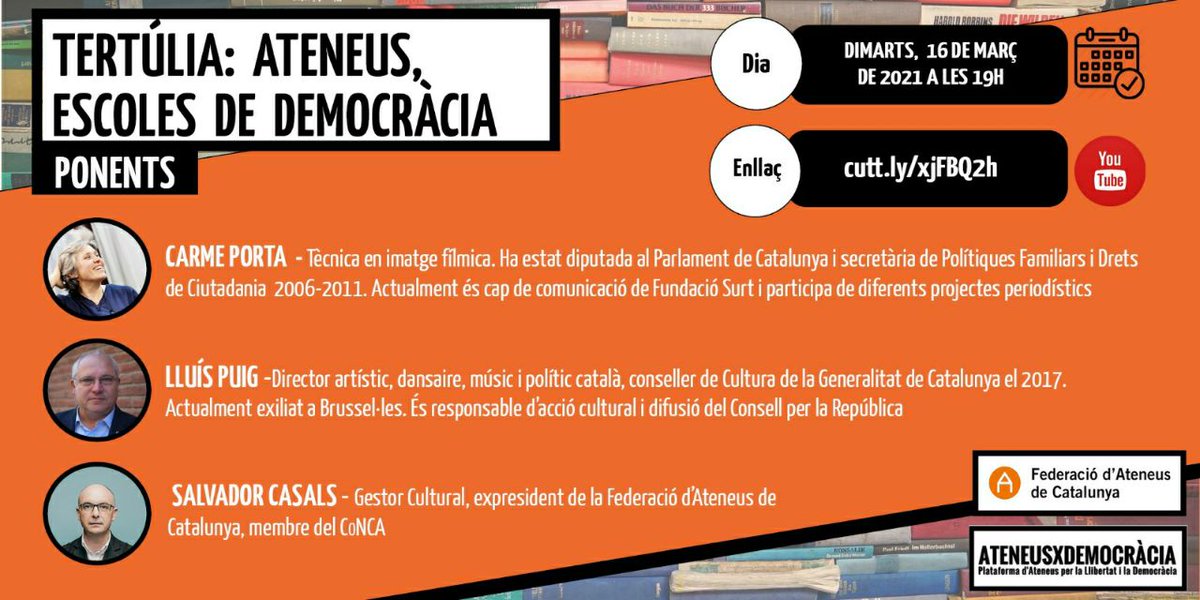 Lluïsos de Gràcia (@lluisosdegracia) on Twitter photo #Recomanem
🖥️La tertúlia: Ateneus Escoles de Democràcia
🗓️Dimarts 16 de març 19h
Amb <a href="/CarmePorta/">Carme Porta♀️||*|| 🇵🇸🇪🇭 🏳️🌈 ✊</a> <a href="/LluisPuigGordi/">Lluís Puig i Gordi</a> i <a href="/scasals/">Salvador Casals</a>
#AteneusXDemocràcia #Recomanem
🖥️La tertúlia: Ateneus Escoles de Democràcia
🗓️Dimarts 16 de març 19h
Amb <a href="/CarmePorta/">Carme Porta♀️||*|| 🇵🇸🇪🇭 🏳️🌈 ✊</a> <a href="/LluisPuigGordi/">Lluís Puig i Gordi</a> i <a href="/scasals/">Salvador Casals</a>
#AteneusXDemocràcia