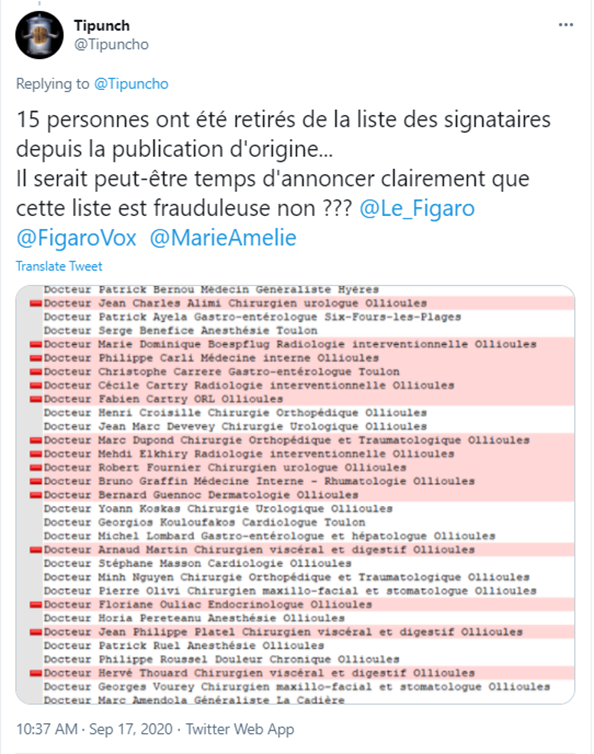 Il va jusqu’à demander au Figaro (qui s’exécutera) de publier une fausse liste de soutien à son ami.Les mêmes personnes et la même méthode mafieuse que la fausse liste de Gauche lors des élections départementales des Bouches-du-Rhône  @Tipuncho https://www.lefigaro.fr/vox/societe/l-appel-de-200-medecins-conseil-de-l-ordre-il-faut-laisser-didier-raoult-en-paix-20200911