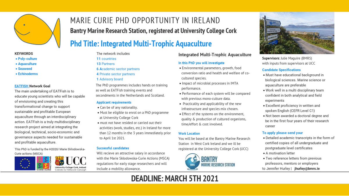 Are you interested in doing a #PhD? 
We have a @MSCActions #PhDposition in #Ireland on #polyculture, #seaweed #aquaculture #urchins #echinoderms. @eatfish17 EATFish 
#internationalscholarship
See the picture for more info & euraxess.ec.europa.eu/jobs/601147