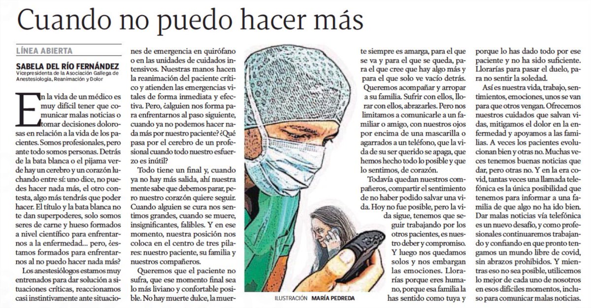 JG_Anestesia's tweet image. ...”¿Estamos formados para enfrentarnos al ‘no puedo hacer nada mas’?”. “Somos profesionales pero ante todo somos personas”. Precioso artículo de opinión de @sabe_dr, vicepresidenta de la @agaryd_galicia en @lavozdegalicia #orgullosodeseranestesista