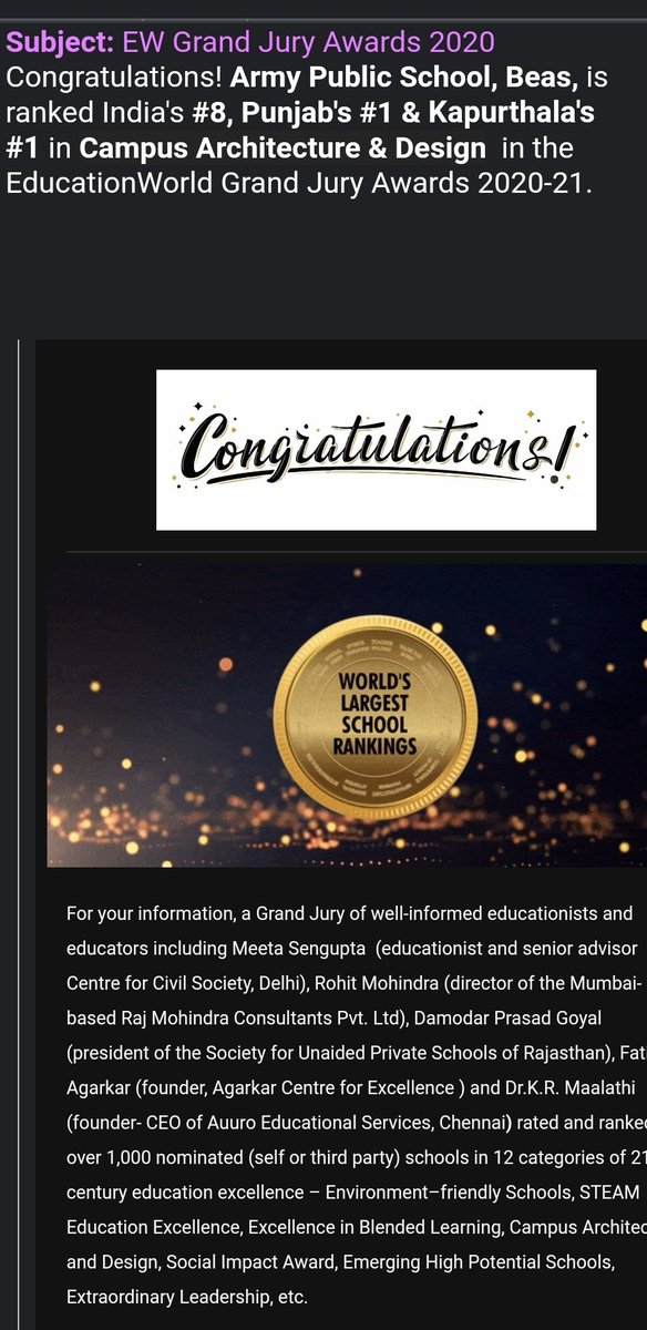 apsbeas's tweet photo. Army Public School Beas has been ranked 1st in Punjab and 8th in India in Campus Architecture &amp; Design  in Education World Grand Jury Award 2020-21. Congratulations to all the Beasians. https://t.co/HdHqh42xCt