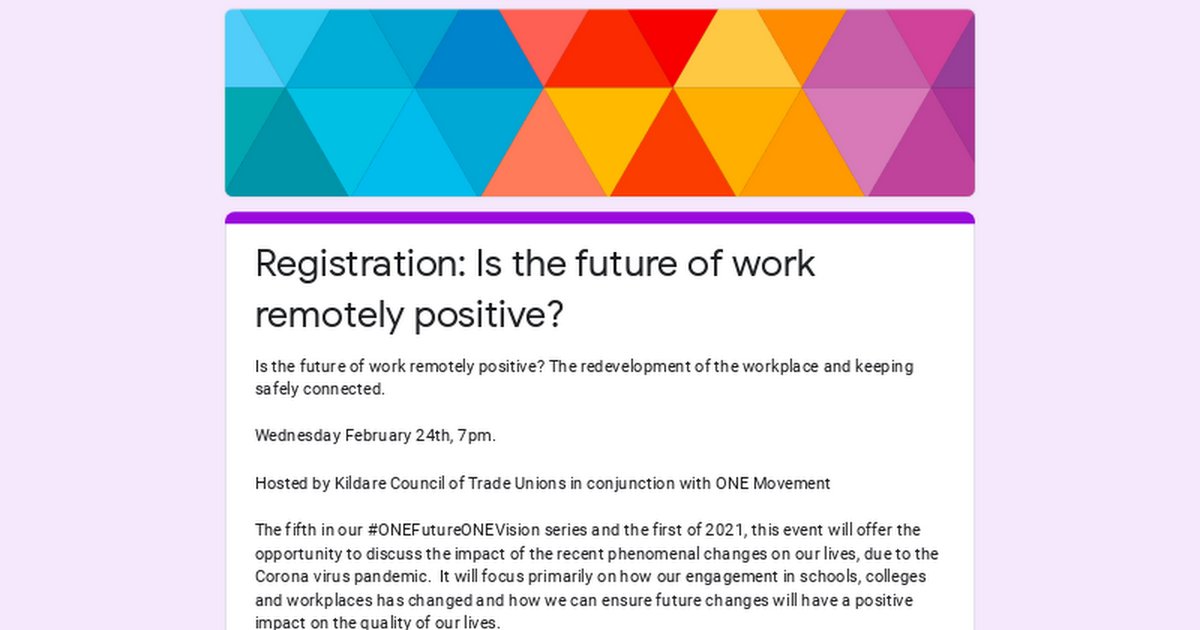 PLEASE JOIN US Wed 24th Feb @7pm for the 4th webinar of the #ONEVisionONEFuture series, Not remotely connected: Changing workplaces not conditions & hosted by the Kildare Council of Trade Unions. Register buff.ly/3jZBqhp #strongertogether #ONEFutureONEVision #joinaunion
