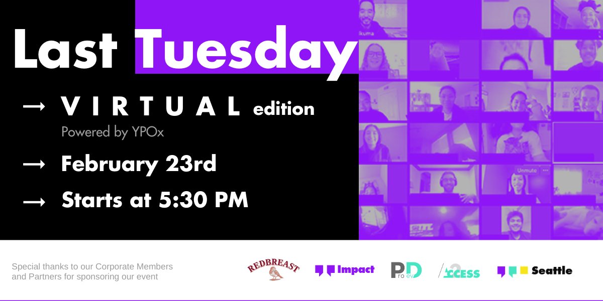 Join us next Tuesday for our monthly Last Tuesday Happy Hour via the comfort of your living room. We've got three different breakout rooms - Casual Networking, Career Connect, and Current Events! RSVP, invite your friends &amp; grab your cocktail kit! 🍹hubs.li/H0GLcGv0