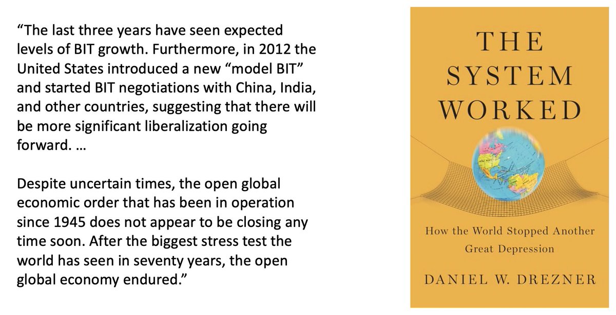 Still, observers were optimistic even a decade later. Here’s  @dandrezner in 2014, noting promising new US BIT negotiations, including with China. (This is not to pick on Drezner, who published a great book in '14, but to emphasize how quickly the world changed.) 11/