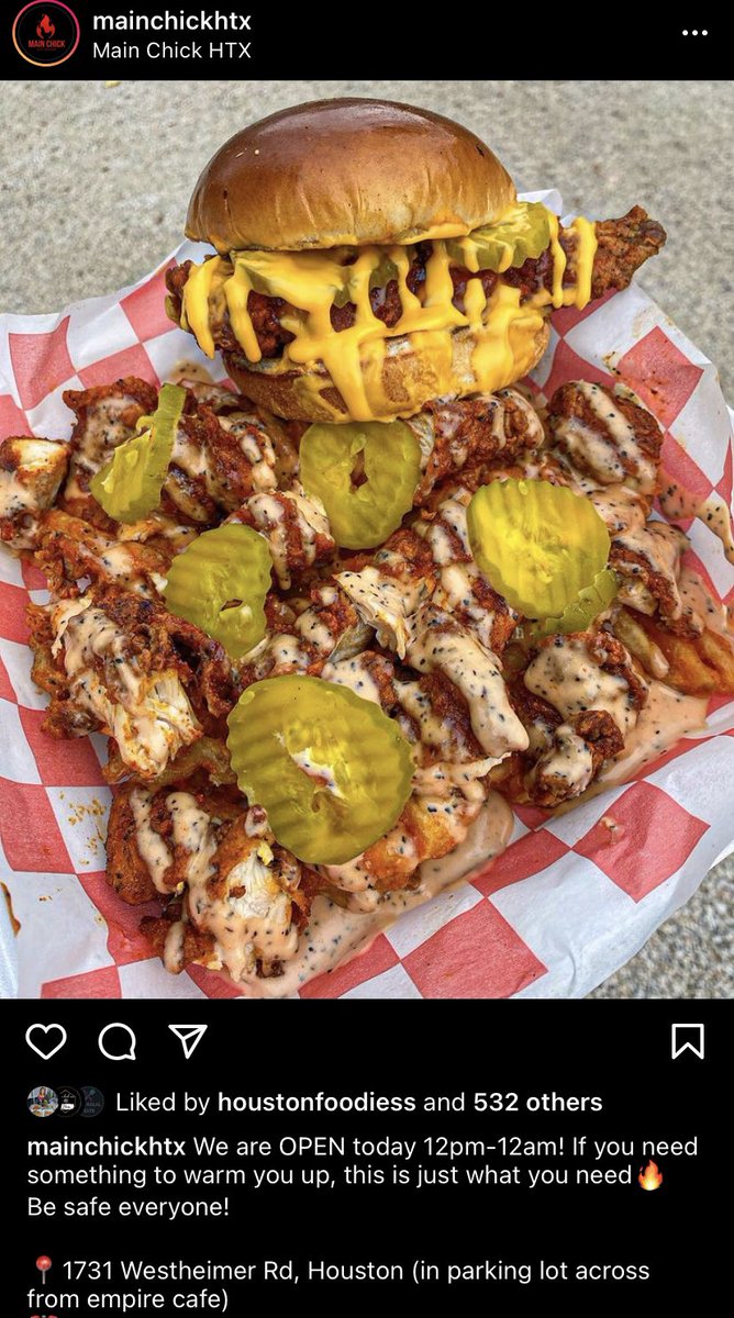Main Chick Hot Chicken will be open from 12pm-12am1731 Westheimer Rd, Houston, TX 77098Wednesday, February 17, 2021
