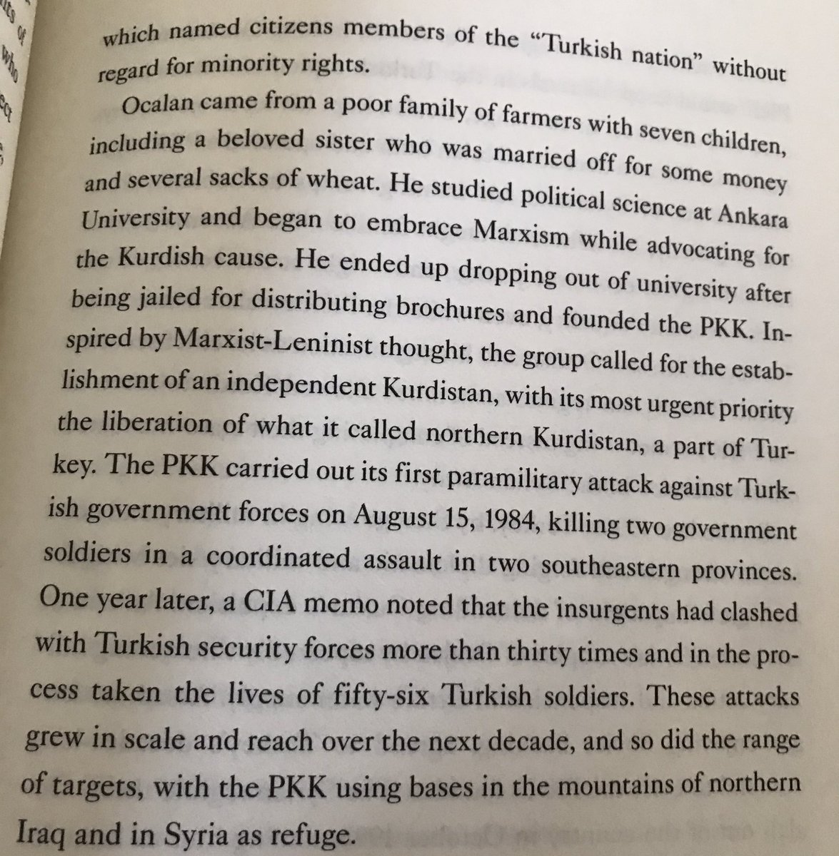 Here’s how Ocalan and PKK are introduced. Straightforward and fair enough. The story about his sister’s marriage is something that comes up in his writings about his understanding of women’s oppression, so that suggests the author has looked into those in some detail.