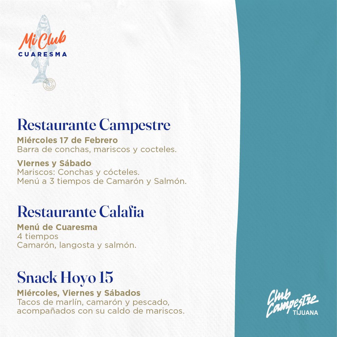 Este mes contamos con menú especial de Barra de Mariscos 🐟🦐 Disponible a partir de hoy, todos los Viernes y Sábados en cualquiera de nuestros restaurantes o haz tu pedido por WhatsApp al 664 104 - 7517. 

¡Buen Provecho! 
#ClubCampestreTJ
#Cuaresma