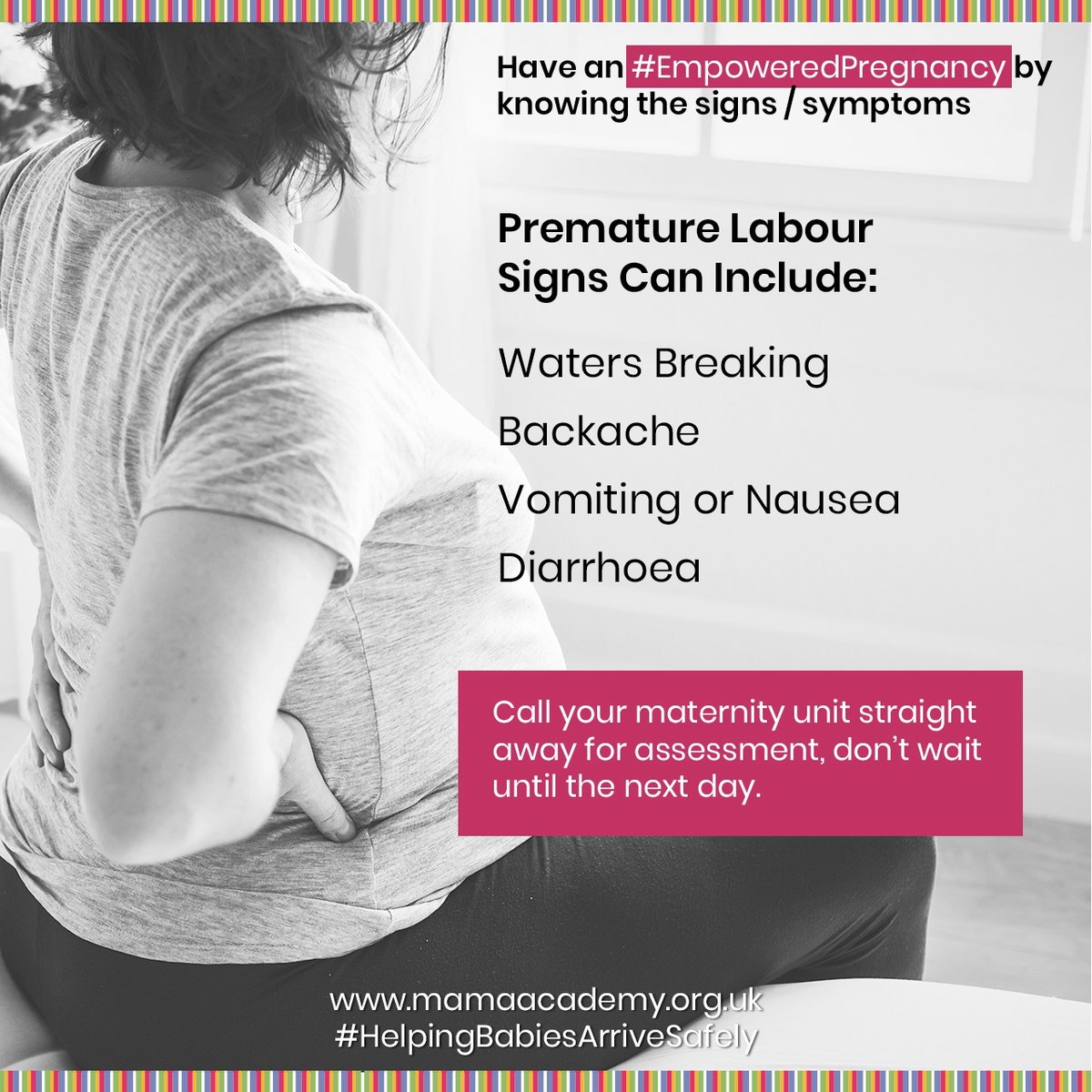 MAMAAcademy's tweet image. Have an #EmpoweredPregnancy by being aware of the signs of early labour. If in any doubt, always get checked out. 

#HelpingBabiesArriveSafely #Pregnancy#BabyBump #MumToBe #Pregnant