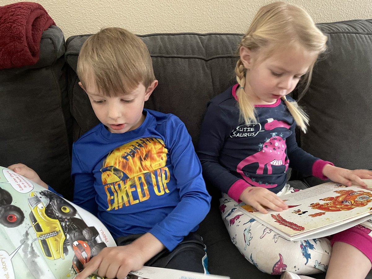 Julie_Draper103's tweet photo. #ahisdRemoteReadIn Two eager readers (one may or may not still be in PJs 😂) https://t.co/1sLkoyYh79