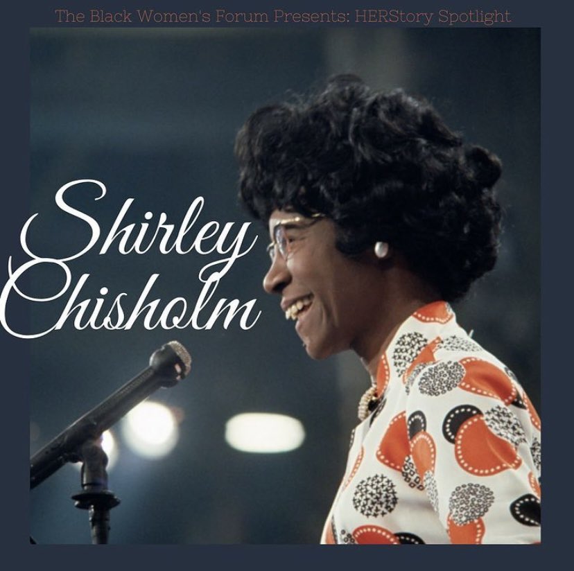 BWFGWU's tweet photo. Next up is the legendary Shirley Chisholm, the first Black woman to seek presidential nomination. Ms. Chisholm has paved the way for so many after her #HERstory ✨💜 https://t.co/QKGeVXzKZ2