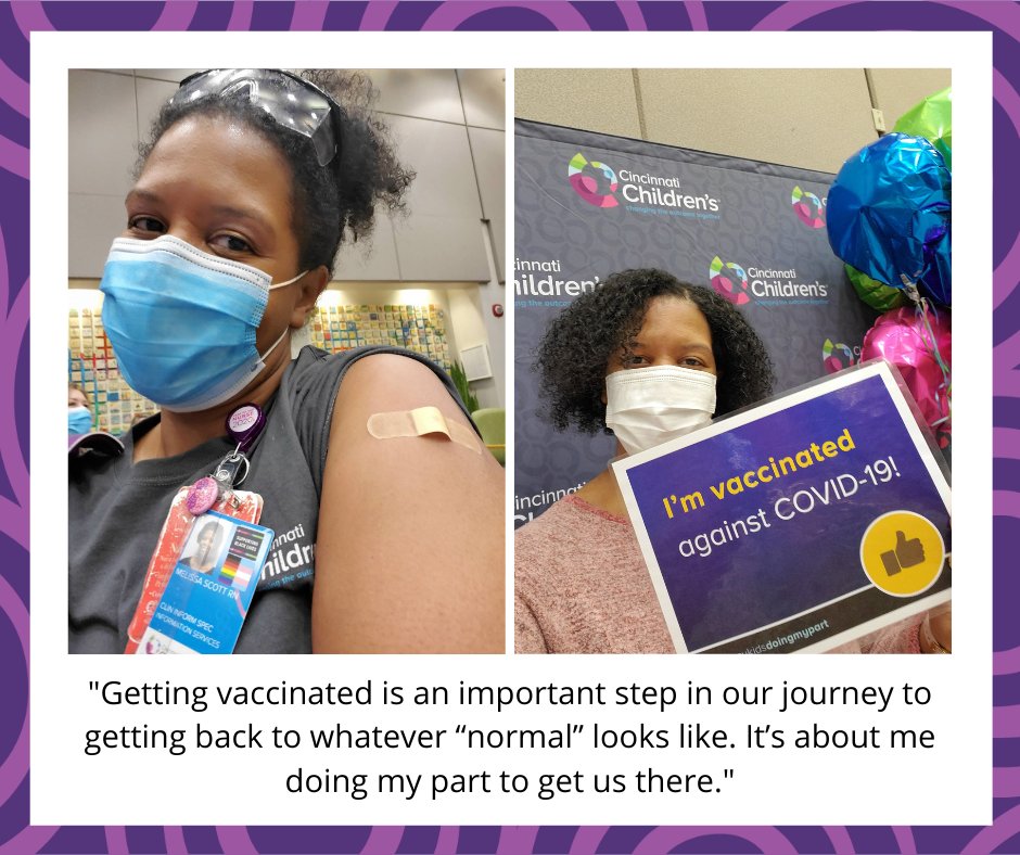 Melissa Scott (<a href="/missypedsrn/">Melissa Scott</a>), a nurse at <a href="/CincyChildrens/">Cincinnati Children's</a>, has received both doses of the COVID-19 vaccine and is excited to share her experience!  

#GettingToZero #HealthierTogether #COVID19