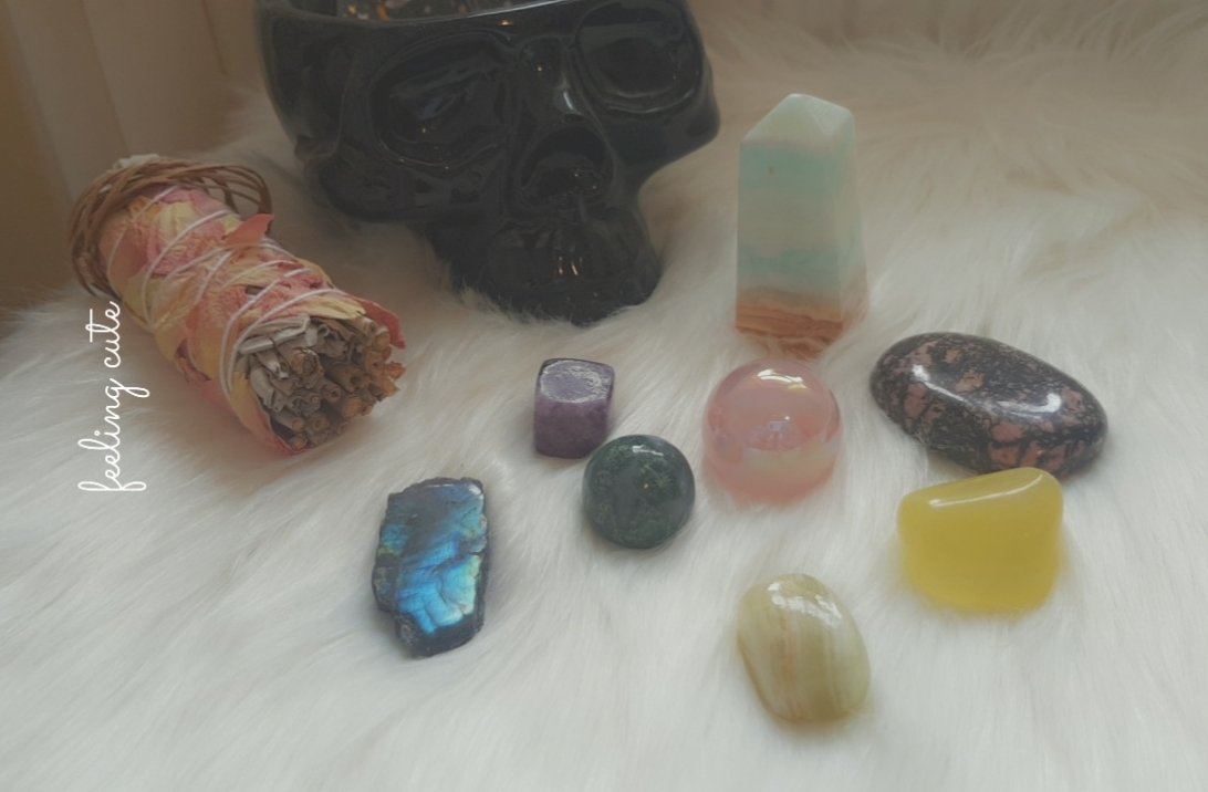 Some of my new prettys I got for my birthday to add to my collection 😍 also feat. Rhodonite palmstone from @sunflowrdog 😍✨
