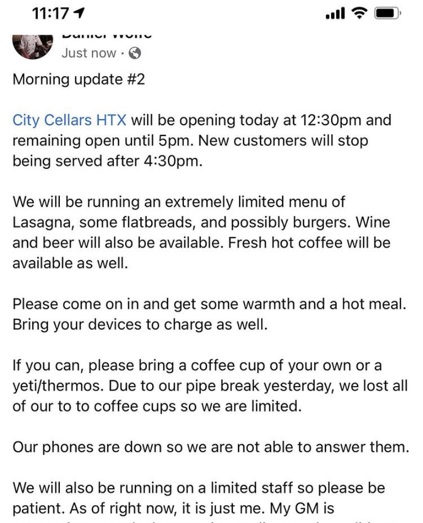 If you need to charge your phone, A warm place to stay for a while and food!!12:30pm - 5:00pmCity Cellars HTX1801 Binz St Suite 120, Houston, TX 77004Wednesday, February 17, 2021