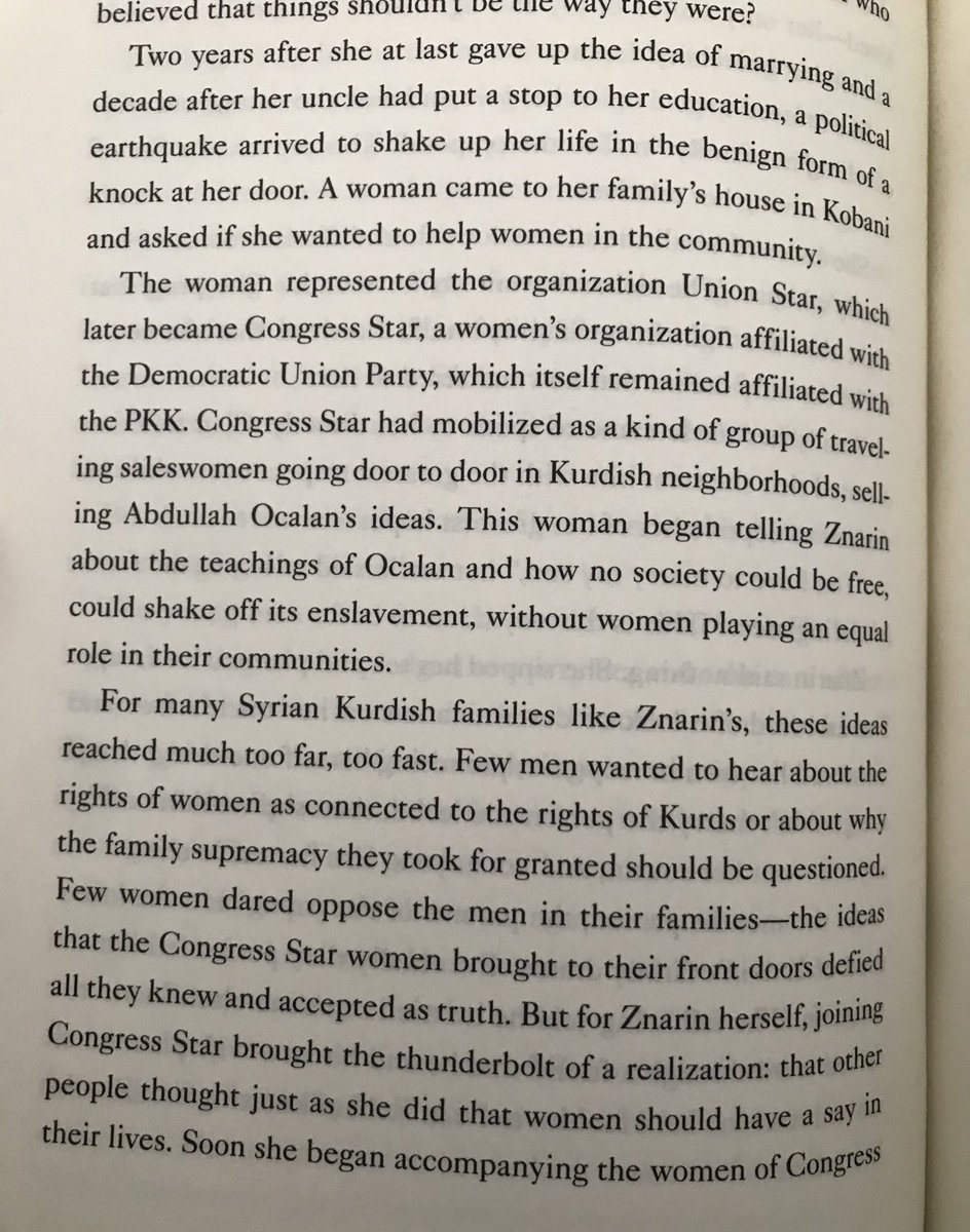 And the first mention of the civilian side of the the women’s movement— one of the YPJ figures the book follows started out as an activist with Kongreya Star.This is a great example of their work empowering women who had never before been able to make choices about their lives.
