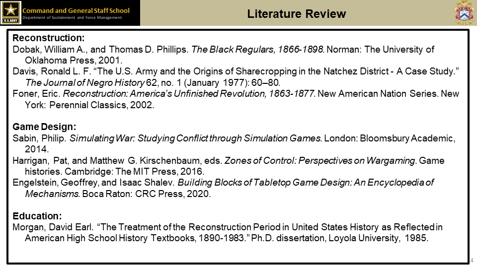 Somewhere in there, I have to read a bunch of books too. Research falls into three broad categories: Reconstruction History, Game Design, and Education.
