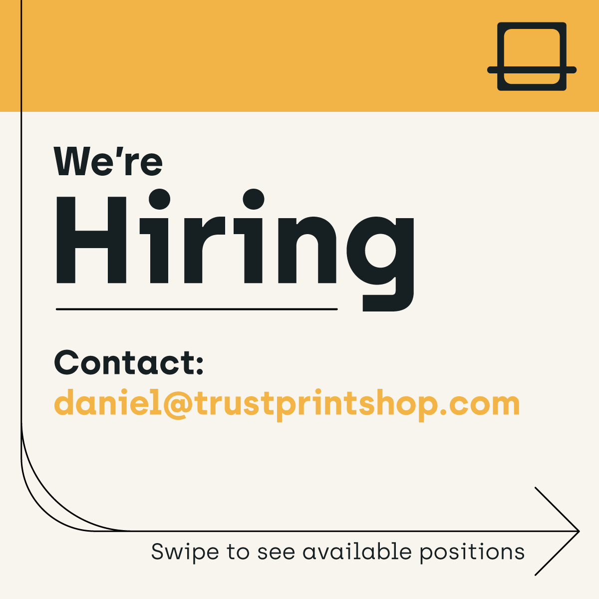 trustprintshop's tweet photo. We are hiring! We're looking to bring in 4 amazing new team members to help us crush 2021.
•••
Send a resume and contact information to daniel@trustprintshop.com ASAP. We can't wait to hear from you! https://t.co/PxbeYAL16a