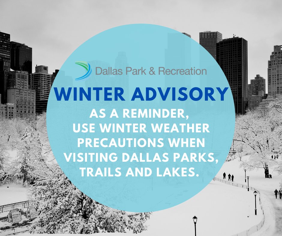 DallasParkRec's tweet photo. Please exercise caution when visiting Dallas parks, trails & lakes. Be extra careful on walkways & trails as they may have ice on them. Lastly, please do NOT try to walk on "frozen" lakes or ponds, this is still Texas so they're not really frozen! #StaySafe #TexasIsFrozen https://t.co/7NNa5DWEVg