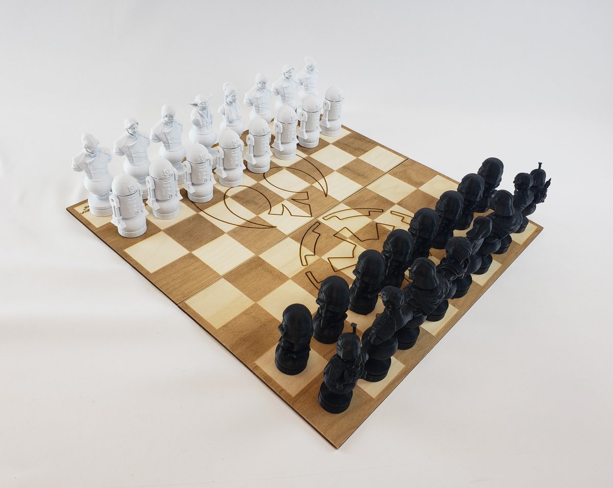 STEMeduWorks's tweet photo. We couldn't wait until May the Fourth to share this chess set! We 3D printed chess pieces with the Sindoh WOX1 and eSun PLA, using the designs of Anubis_ on Thingiverse. We laser engraved draft wood with the Glowforge. https://t.co/iYeQ7c2dKR #SciFi #3DPrinting #LaserEngraving https://t.co/tKKqGj32tx