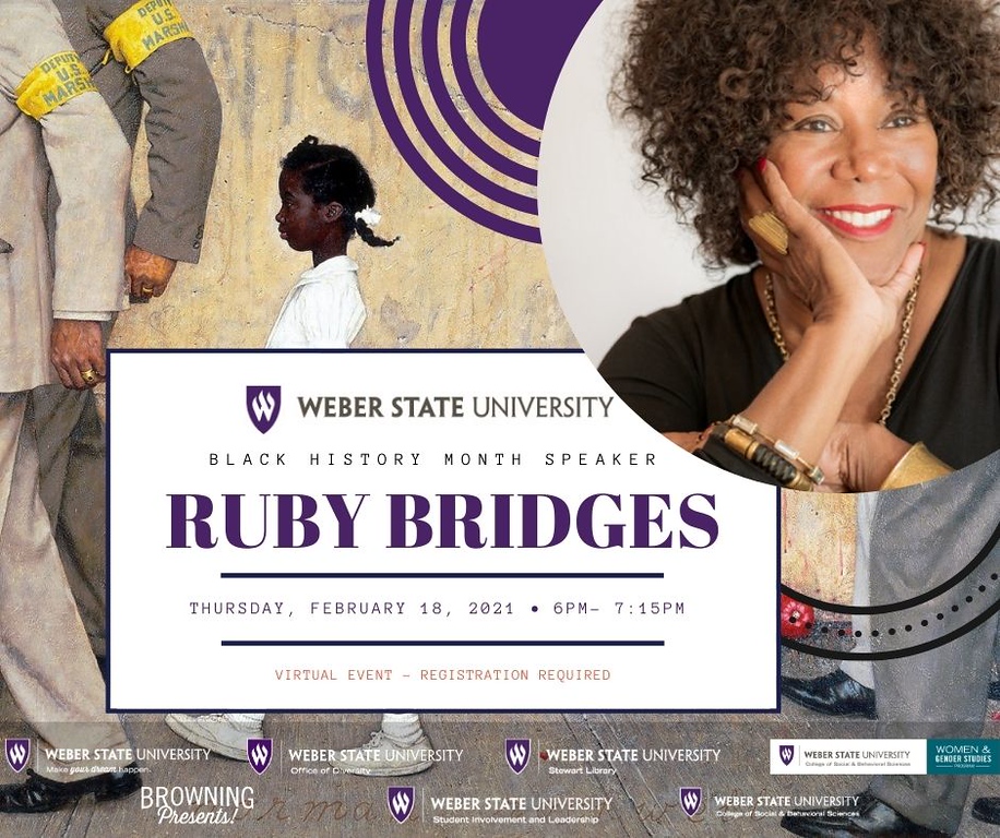 getintoweber's tweet photo. Free, virtual, and open to the public! 
Civil Rights activist Ruby Bridges Hall, the first African-American child to attend the all-white William Frantz Elementary School in New Orleans during the school desegregation crisis in 1960, will speak Feb 18 at 6 pm via Zoom
#weberstate https://t.co/KgcQ05myXy
